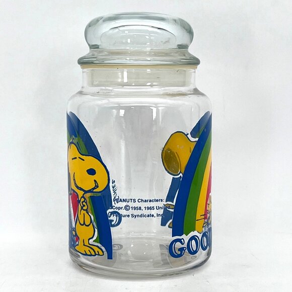 Vintage Peanuts Snoopy & Woodstock Rainbow Glass Goodies Cookie Candy Jar 7" - Picture 3 of 13